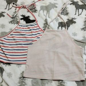 2 Striped Cropped Halter Tops, ties on top